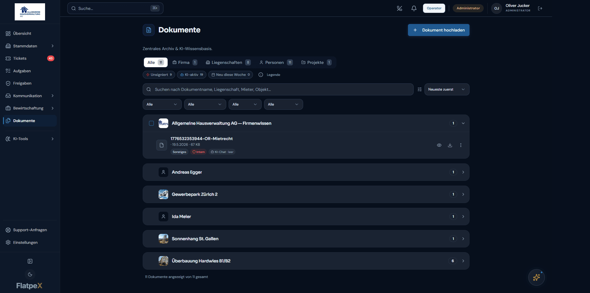 Dokumentenarchiv und FlatpeX KI-Assistent mit Quellenangabe