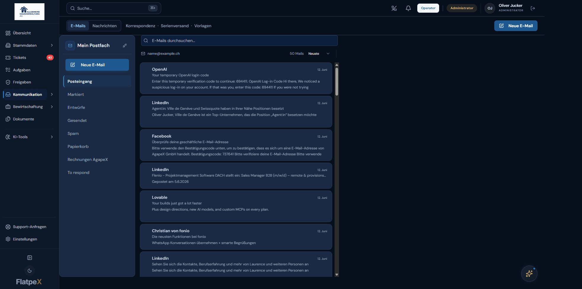 Kommunikationsübersicht im FlatpeX Dashboard mit App-, E-Mail- und Briefversand