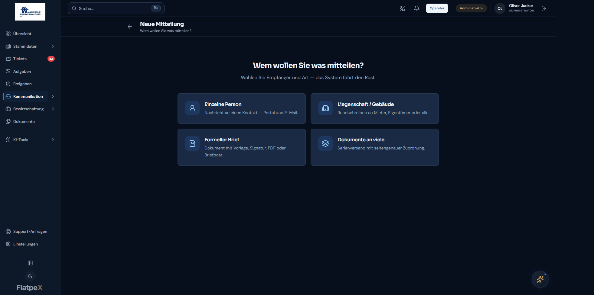 Neue Mitteilung im FlatpeX Dashboard mit Kanalwahl App, E-Mail oder Brief