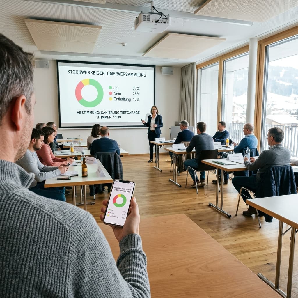 STWEG-Versammlung mit Live-Abstimmung auf Beamer und Smartphone