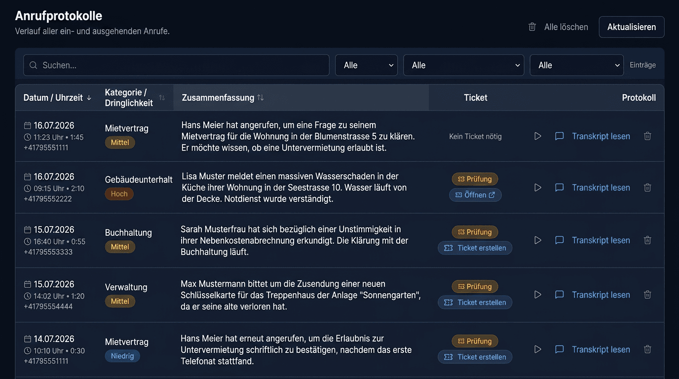 Telefon-KI mit Anrufprotokollen und Transkripten